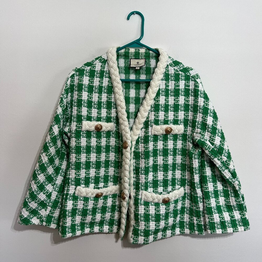 Tuckernuck Green and White Tweed Braided-Trim Blazer